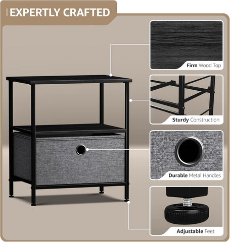 Nightstand 1-Drawer Shelf Storage - Bedside Furniture & End Table Chest Dresser with Steel Frame, Wood Top & Easy Pull Fabric Bins for Home, Bedroom, Closets, Bathroom, Office & College Dorm