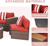 5-Piece Patio Sectional Furniture Set – Half-Moon Brown Wicker Curved Outdoor Sofa with Red Cushions, Round Glass Coffee Table & Pillow, Outdoor Patio Set