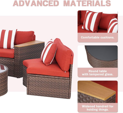 5-Piece Patio Sectional Furniture Set – Half-Moon Brown Wicker Curved Outdoor Sofa with Red Cushions, Round Glass Coffee Table & Pillow, Outdoor Patio Set