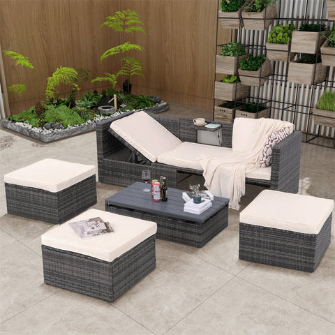5-Piece Patio Furniture Set – All-Weather Outdoor Conversation Set with Adjustable Backrest & Lift Top Coffee Table, PE Rattan Wicker Sectional Sofa, Beige