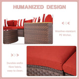 5-Piece Patio Sectional Furniture Set – Half-Moon Brown Wicker Curved Outdoor Sofa with Red Cushions, Round Glass Coffee Table & Pillow, Outdoor Patio Set
