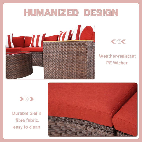 5-Piece Patio Sectional Furniture Set – Half-Moon Brown Wicker Curved Outdoor Sofa with Red Cushions, Round Glass Coffee Table & Pillow, Outdoor Patio Set