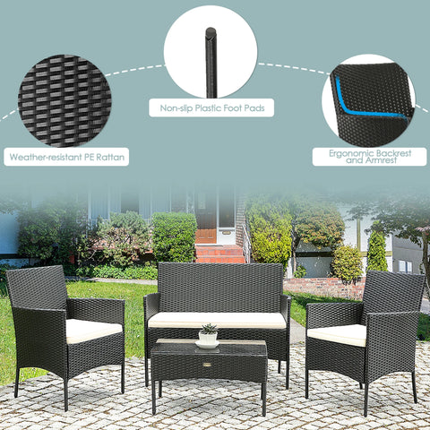4PCS Patio Rattan Conversation Set Outdoor Furniture Set With Cushion
