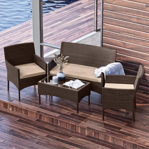 Outdoor Furniture Set, 4 Piece Wicker Patio Chairs Set, Brown with Beige Cushions