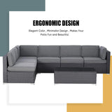 7-Piece Outdoor Furniture Set, Black Brown Wicker Furniture Modular Sectional Sofa Set with Cushions and Tempered Glass Coffee Table-Gray
