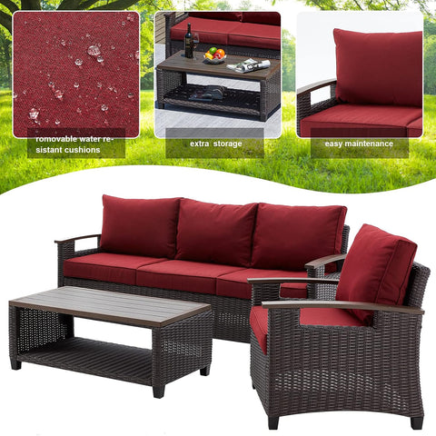 4-Piece Patio Furniture Set – Luxurious Retro Wicker Conversation Set, All-Weather Outdoor Sectional Sofa with 5 Seats & Table, Manual Weaving Rattan, Red Wine for Garden