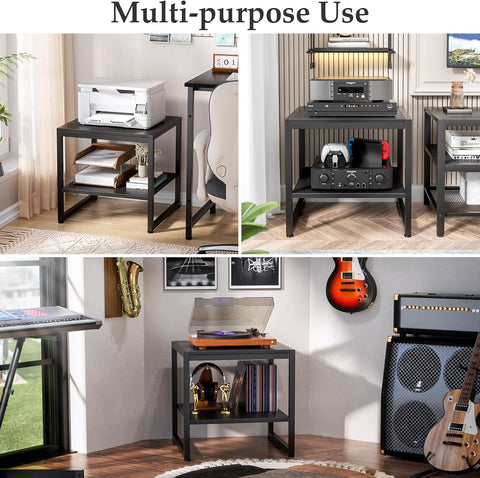 End Table, 20 Inch Square End Table, Mini Fridge Stand with 2-Tier Storage Shelves, Industrial Wood Side Tables for Living Room, Black