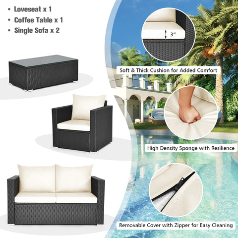 4PCS Patio Rattan Furniture Set Cushioned Sofa Chair Coffee Table off White