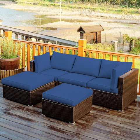5 Piece Patio Furniture Set, Outdoor Sectional Rattan Sofa Set with Cushions and Coffee Table, Suitable for Backyard Porch Garden Poolside and Deck, Wicker Conversation Set (Navy Blue)