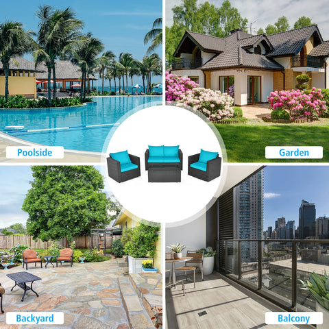 4PCS Patio Rattan Cushioned Sofa Chair Coffee Table Turquoise