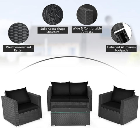 4-Piece Patio Rattan Conversation Set – Outdoor Wicker Sofa Set with Padded Cushions & Tempered Glass Coffee Table, Wicker Sectional Sofas for Courtyard, Balcony, Black