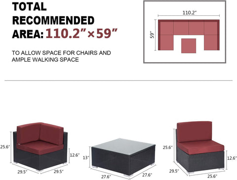7 Pcs Outdoor Patio Sectional Set Black Rattan Wicker Furniture Sofa Set Conversation Chairs Thick Cushions with Pillows and Tea Table