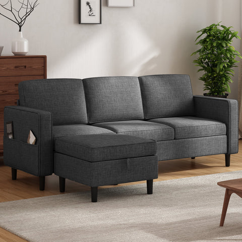 Sectional Sofa with Storage Ottoman, 78'' Convertible L-Shaped Sofa Couch for Living Room&Small Space, Dark Grey