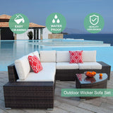 6Pcs Patio Furniture Set PE Brown Rattan Wicker Sectional Outdoor Sofa Set outside Couch W/Washable Seat Cushions & Modern Glass Wedge Table for Patio, Backyard, Pool-Beige