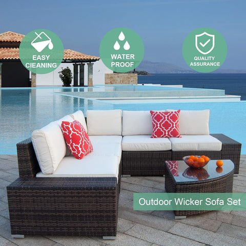 6Pcs Patio Furniture Set PE Brown Rattan Wicker Sectional Outdoor Sofa Set outside Couch W/Washable Seat Cushions & Modern Glass Wedge Table for Patio, Backyard, Pool-Beige