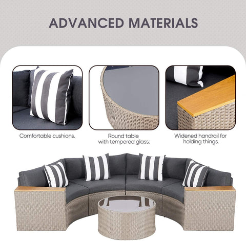 5-Piece Patio Sectional Furniture Set – Half-Moon Brown Wicker Curved Outdoor Sofa with Grey Cushions & Glass Coffee Table, Grey