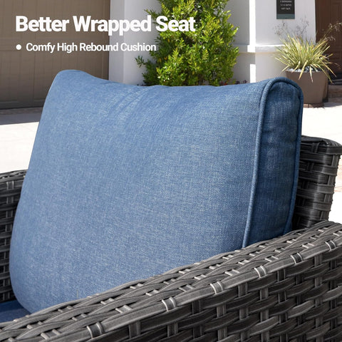 Patio Furniture Set, 5 Pieces Outdoor Wicker Rattan Sofa Couch with Ottomans and Comfy Cushions, All Weather High Back Conversation Set for Backyard Porch Garden, Denim Blue
