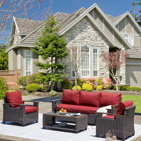 4-Piece Patio Furniture Set – Luxurious Retro Wicker Conversation Set, All-Weather Outdoor Sectional Sofa with 5 Seats & Table, Manual Weaving Rattan, Red Wine for Garden