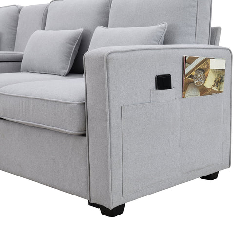 4 Seater Sofa with USB Ports Upholstered Couch with Storage Coffee Table and Cup Holders for Living Room,114.2" Light Gray