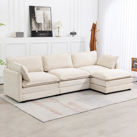 Sectional Sofa with Ottoman, Small L Shaped Free Combination Corduroy Couch Furniture Sets for Living Room, Beige