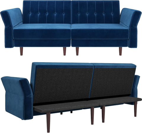 Blue Velvet Convertible Futon Sofa Bed with Memory Foam – Sleeper Couch