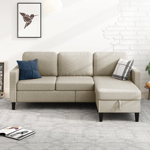 Small Space Sectional Sofa – L-Shaped with Storage Ottoman & Movable Modules, Beige Linen Living Room Couch