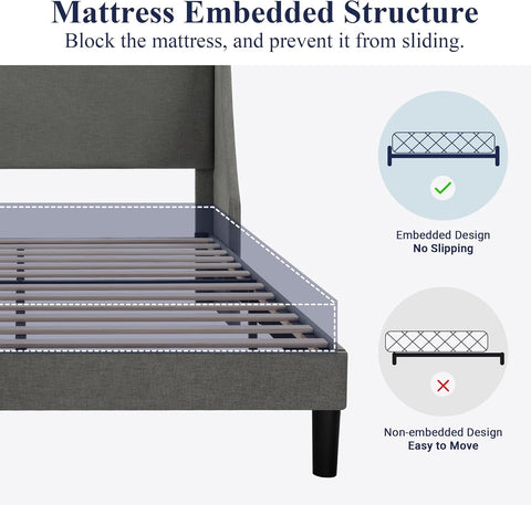 Platform Bed Frame Full Size with Upholstered Headboard – Modern Deluxe Wingback Design, Wood Slat Support, Dark Grey