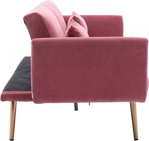 Velvet Futon Bed Couch, Velvet Upholstered Mid Century Sofa Sleeper for Living Room, Sectional Sofa Set Including Metal Legs and Cozy Upholstery Sofa Bed (Pink II)