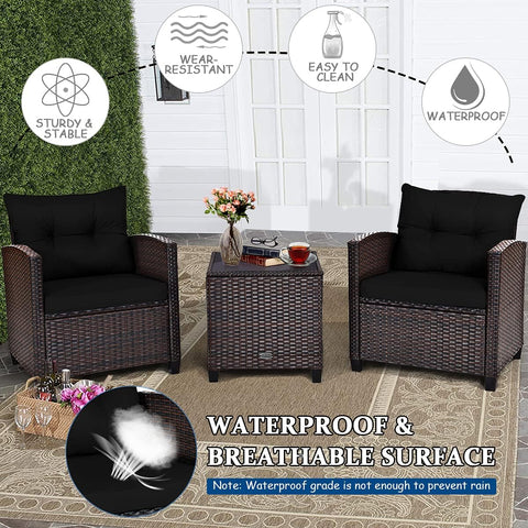 3 Pieces Patio Furniture Set, PE Rattan Wicker 3 Pcs Outdoor Sofa Set W/Washable Cushion and Tempered Glass Tabletop, Conversation Furniture for Garden Poolside Balcony (Black)