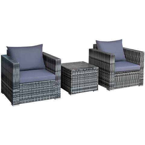 3PCS Rattan Patio Conversation Set Outdoor Furniture Set W/ Table Cushion