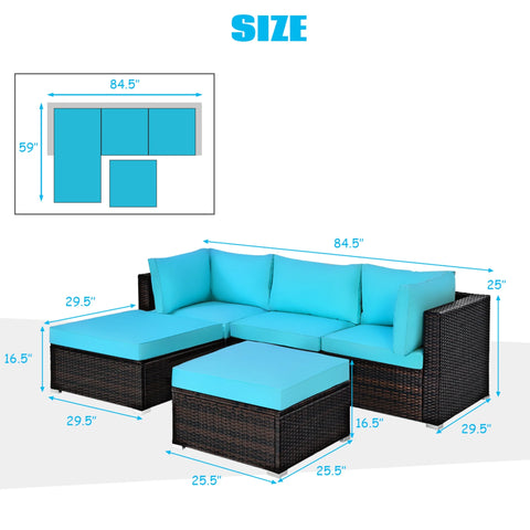 5PCS Cushioned Rattan Patio Conversation Set Outdoor Furniture Set with Ottoman