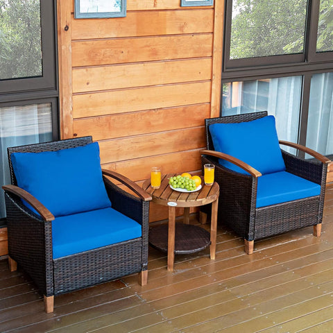 3-Piece Patio Furniture Set – Outdoor Rattan Sofa & Side Table with Acacia Wood Frame, Navy Blue Cushions (Removable & Washable)