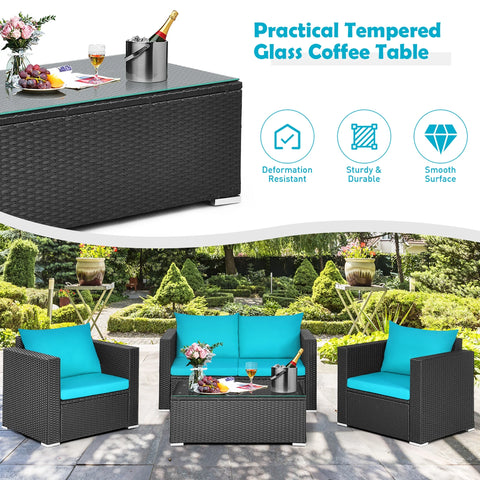 4PCS Patio Rattan Cushioned Sofa Chair Coffee Table Turquoise