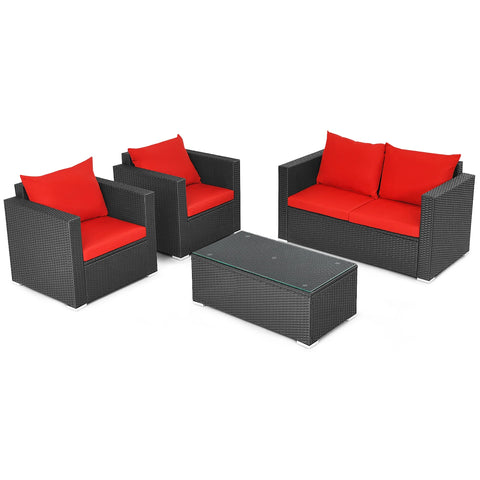4PCS Patio Rattan Furniture Set Cushioned Sofa Chair Coffee Table Garden Red