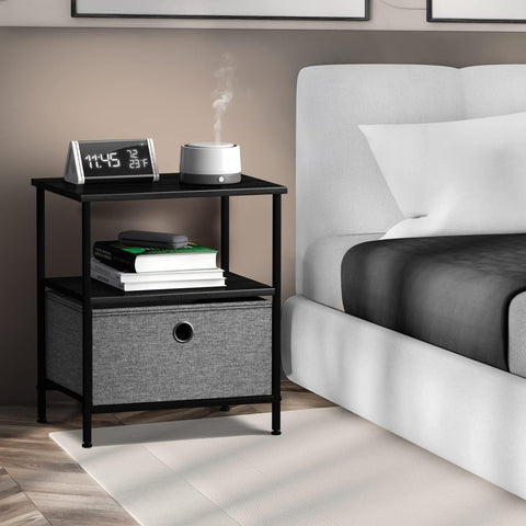 Nightstand 1-Drawer Shelf Storage - Bedside Furniture & End Table Chest Dresser with Steel Frame, Wood Top & Easy Pull Fabric Bins for Home, Bedroom, Closets, Bathroom, Office & College Dorm