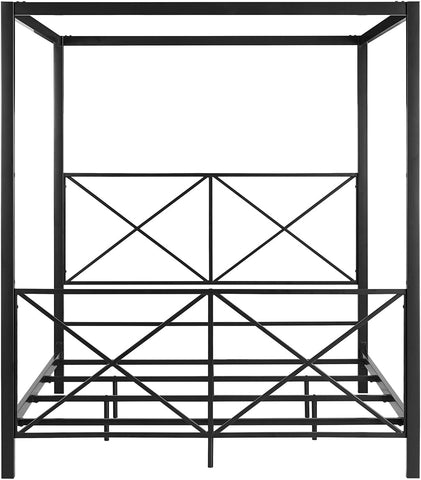 Rosedale Metal Canopy Bed Frame with Four Poster Design and Geometric Accented Headboard and Footboard, Underbed Storage Space, Queen, Black
