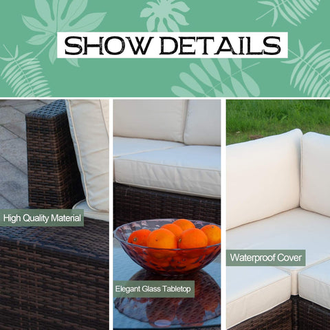 6Pcs Patio Furniture Set PE Brown Rattan Wicker Sectional Outdoor Sofa Set outside Couch W/Washable Seat Cushions & Modern Glass Wedge Table for Patio, Backyard, Pool-Beige