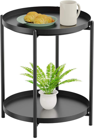 Side Table, End Table Metal Small Table Indoor Outdoor & Snack Bedside Table Sofa Side Snack Table Accent Coffee Table Living Room Bedroom Balcony 2 Layer (Black)