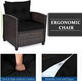 3 Pieces Patio Furniture Set, PE Rattan Wicker 3 Pcs Outdoor Sofa Set W/Washable Cushion and Tempered Glass Tabletop, Conversation Furniture for Garden Poolside Balcony (Black)