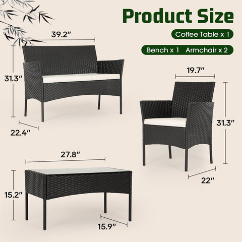 4-Piece Patio Furniture Set – Outdoor Rattan Wicker Sofa & Chairs, Garden Conversation Bistro Set for Yard, Pool, or Backyard