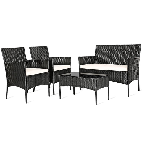 4PCS Patio Rattan Conversation Set Outdoor Furniture Set With Cushion