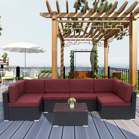7 Pcs Outdoor Patio Sectional Set Black Rattan Wicker Furniture Sofa Set Conversation Chairs Thick Cushions with Pillows and Tea Table