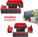 2-Piece Outdoor Patio Furniture Set – Sectional Rattan Sofa Set with 10 Red Seat Cushions & 2 Tempered Glass Tables, Brown PE Rattan Wicker Conversation Set