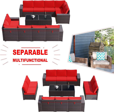 2-Piece Outdoor Patio Furniture Set – Sectional Rattan Sofa Set with 10 Red Seat Cushions & 2 Tempered Glass Tables, Brown PE Rattan Wicker Conversation Set