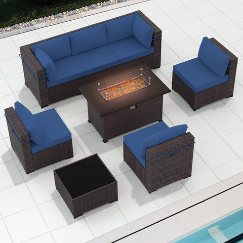 8-Piece Outdoor Patio Furniture Set with Gas Fire Pit Table – Sectional Sofa & 43'' Propane Fire Pit, PE Wicker Rattan Conversation Set, Dark Blue