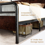 King Size Bed Frame with Wooden Headboard and Footboard, Rounded Corner Metal Structure, Heavy Duty Slats with Under-Bed Storage, No Box Spring Needed, Mahogany