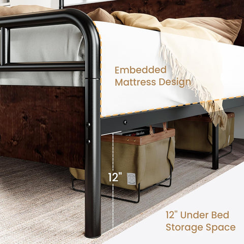 King Size Bed Frame with Wooden Headboard and Footboard, Rounded Corner Metal Structure, Heavy Duty Slats with Under-Bed Storage, No Box Spring Needed, Mahogany
