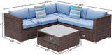 4-Piece Outdoor Sectional Sofa Patio Furniture Set W Blue Thick Cushions, Patio Conversation Set Outdoor Wicker Sofa W Tempered Glass Coffee Table, Backyard (Blue)