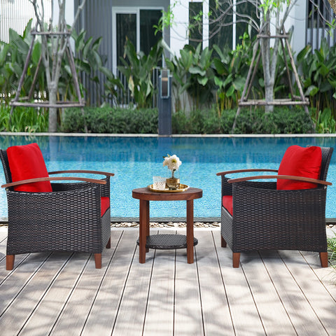 3PCS Patio Wicker Rattan Conversation Set Outdoor Furniture Set W/ Red Cushion