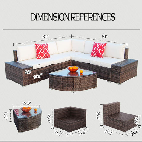 6Pcs Patio Furniture Set PE Brown Rattan Wicker Sectional Outdoor Sofa Set outside Couch W/Washable Seat Cushions & Modern Glass Wedge Table for Patio, Backyard, Pool-Beige